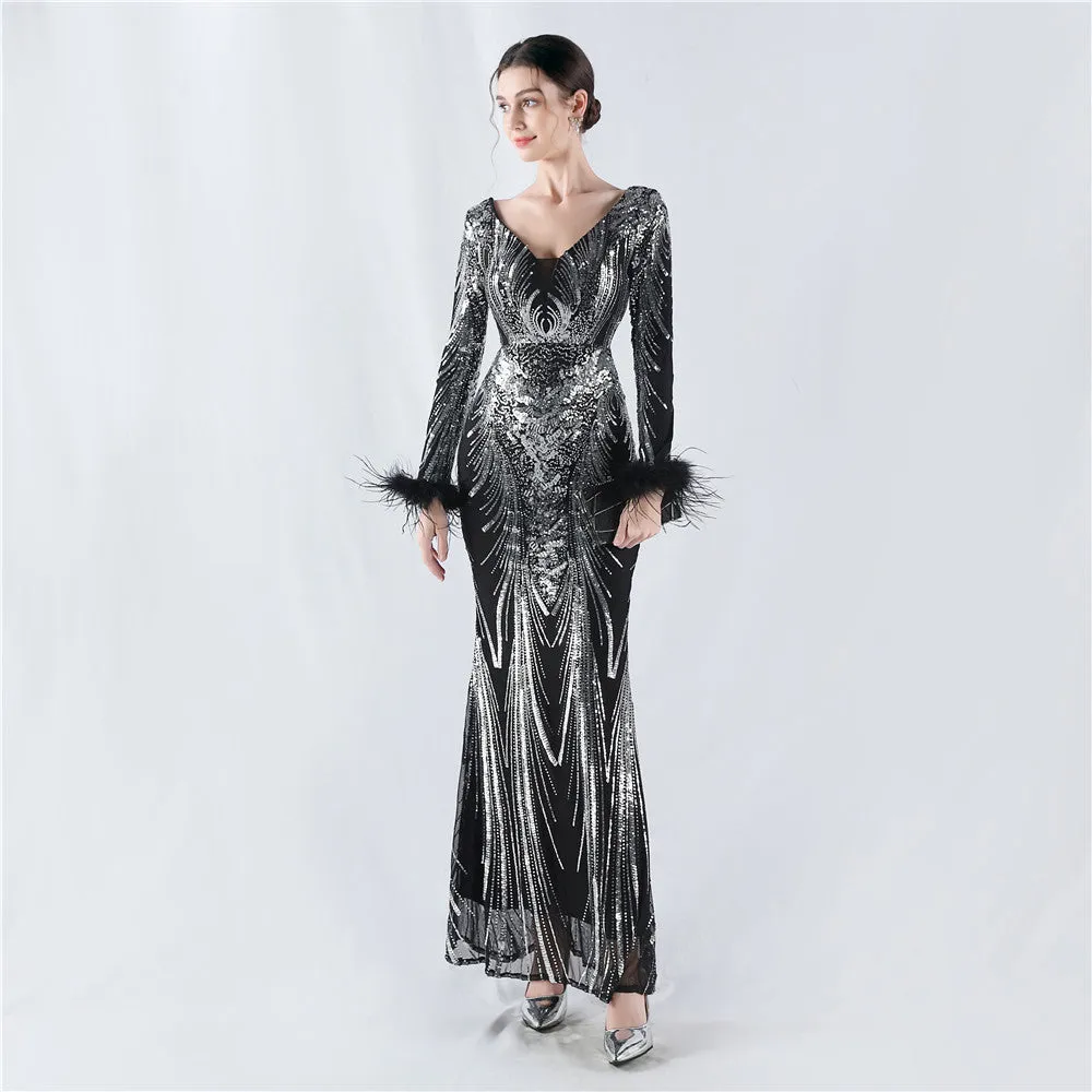 Exquisite V-Neck Sequin Evening Gown with Feather Accents