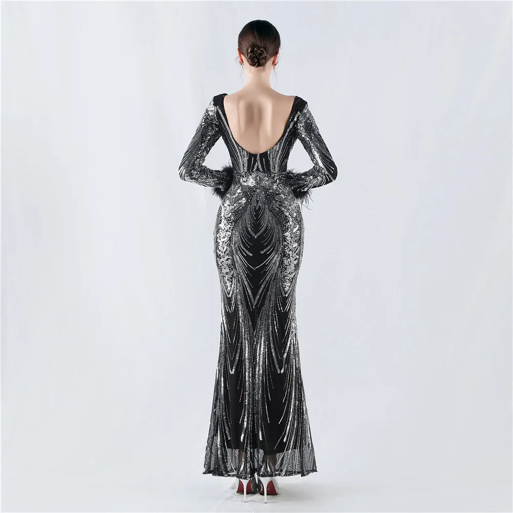 Exquisite V-Neck Sequin Evening Gown with Feather Accents