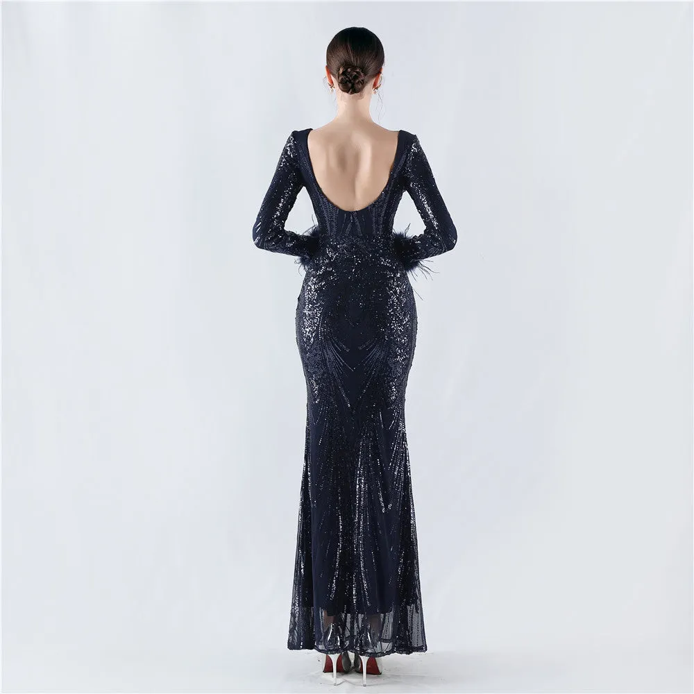 Exquisite V-Neck Sequin Evening Gown with Feather Accents