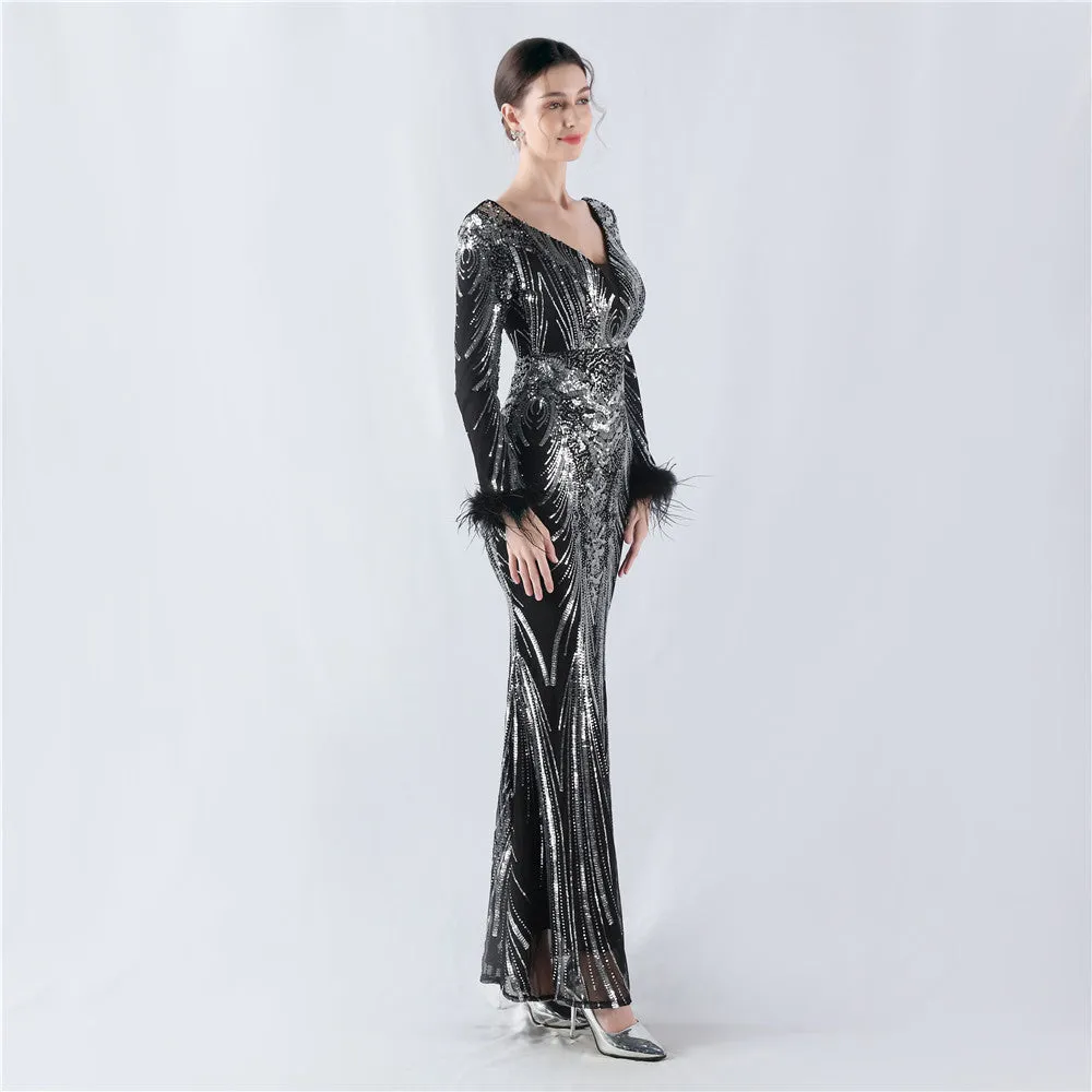 Exquisite V-Neck Sequin Evening Gown with Feather Accents