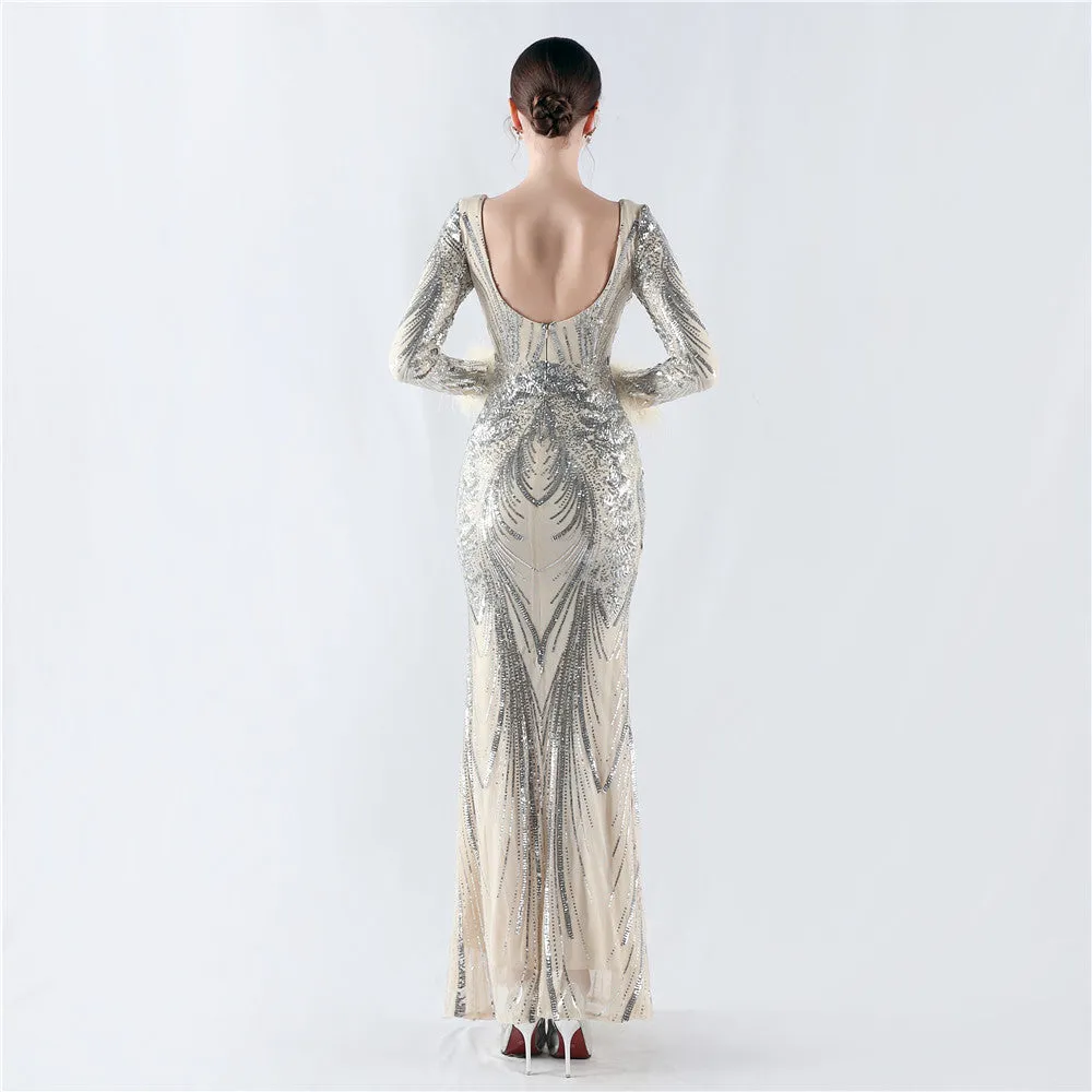 Exquisite V-Neck Sequin Evening Gown with Feather Accents