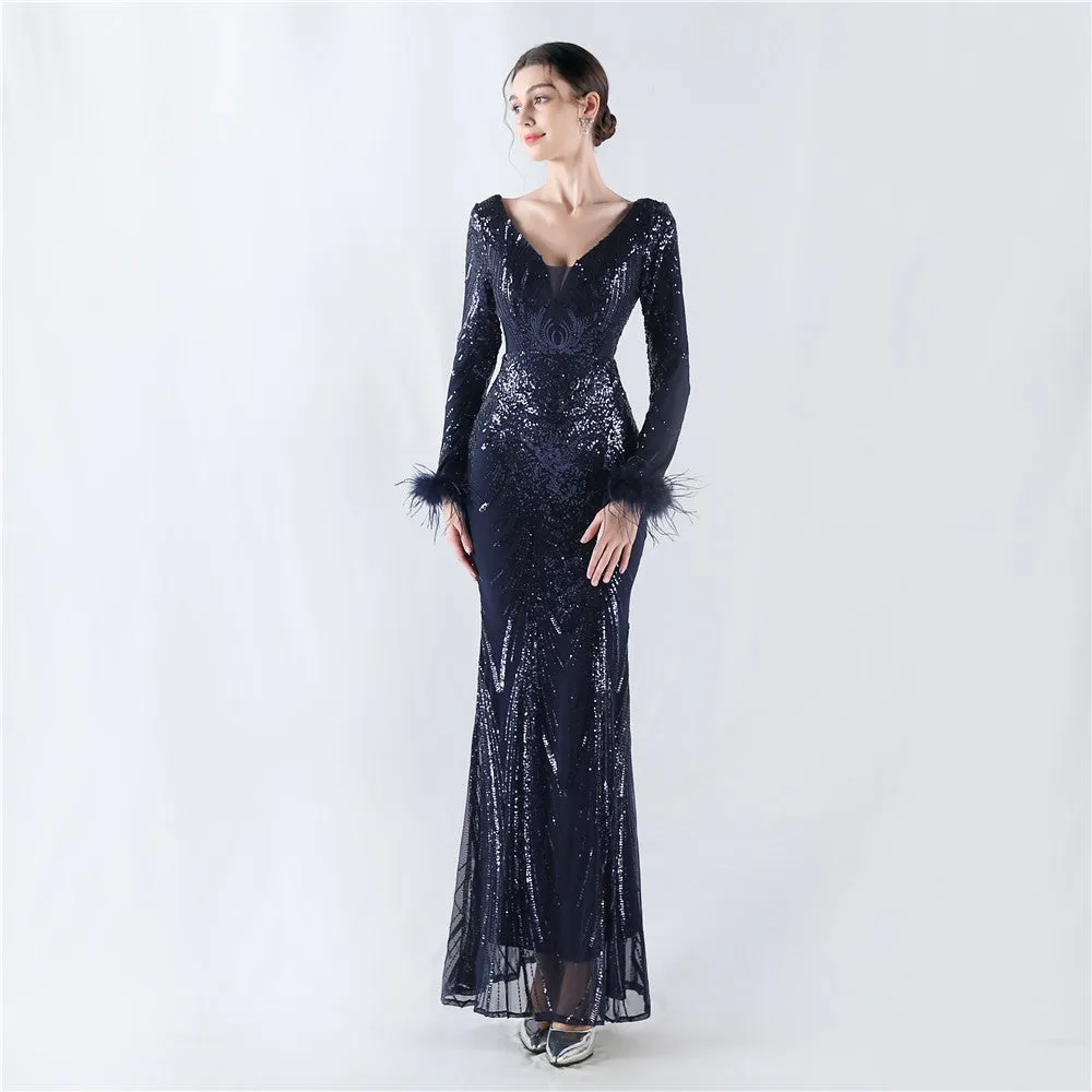 Exquisite V-Neck Sequin Evening Gown with Feather Accents