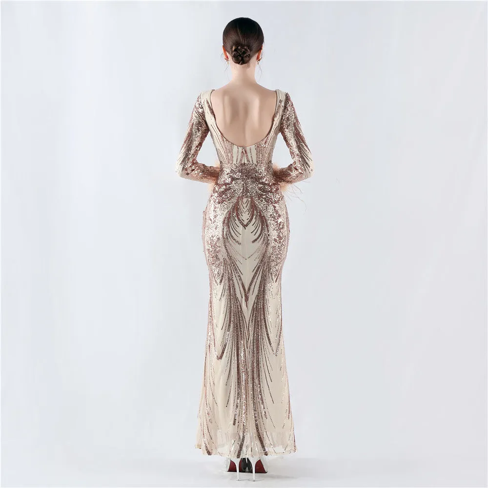 Exquisite V-Neck Sequin Evening Gown with Feather Accents