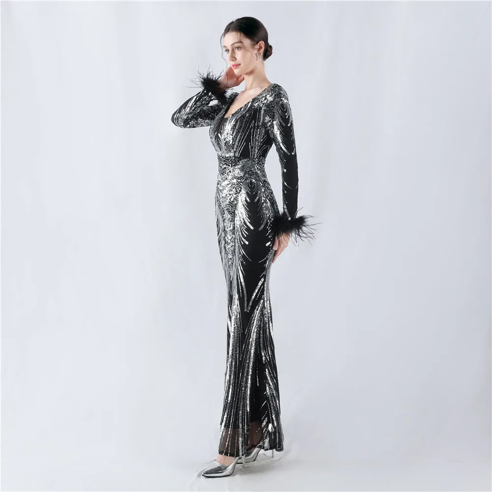 Exquisite V-Neck Sequin Evening Gown with Feather Accents