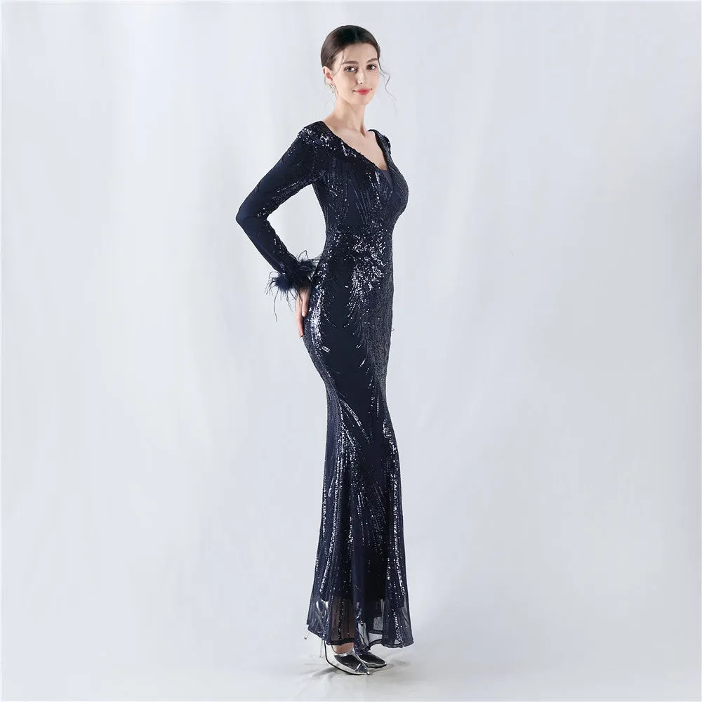 Exquisite V-Neck Sequin Evening Gown with Feather Accents