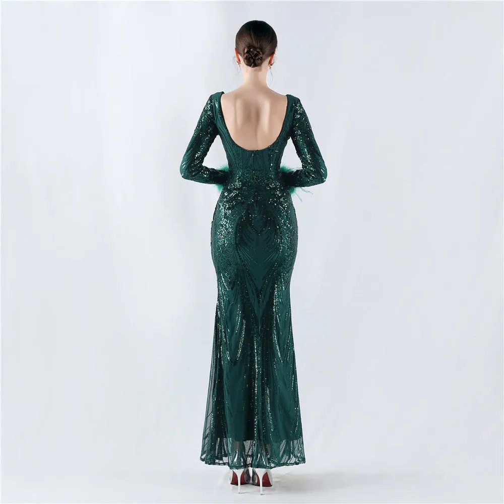Exquisite V-Neck Sequin Evening Gown with Feather Accents