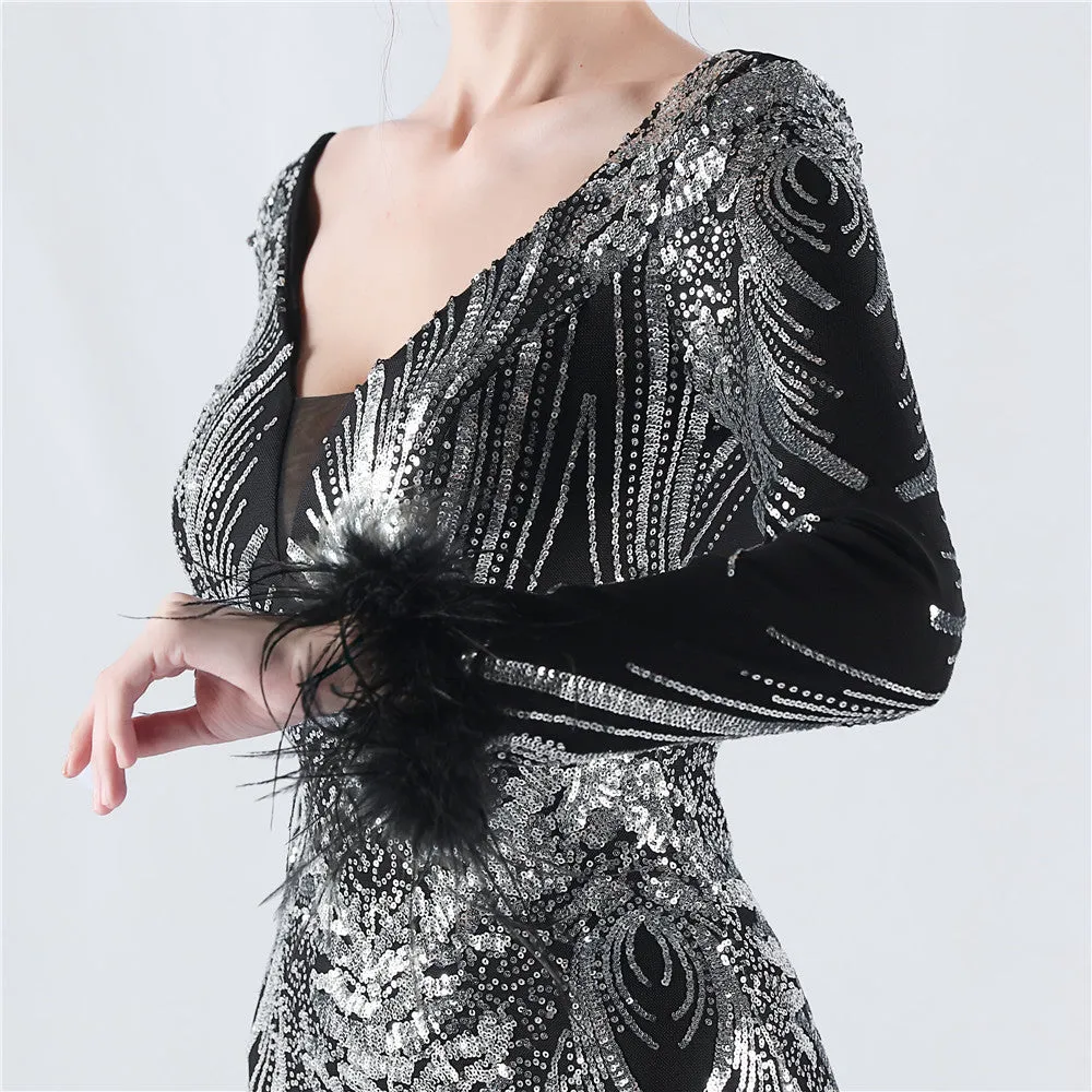 Exquisite V-Neck Sequin Evening Gown with Feather Accents