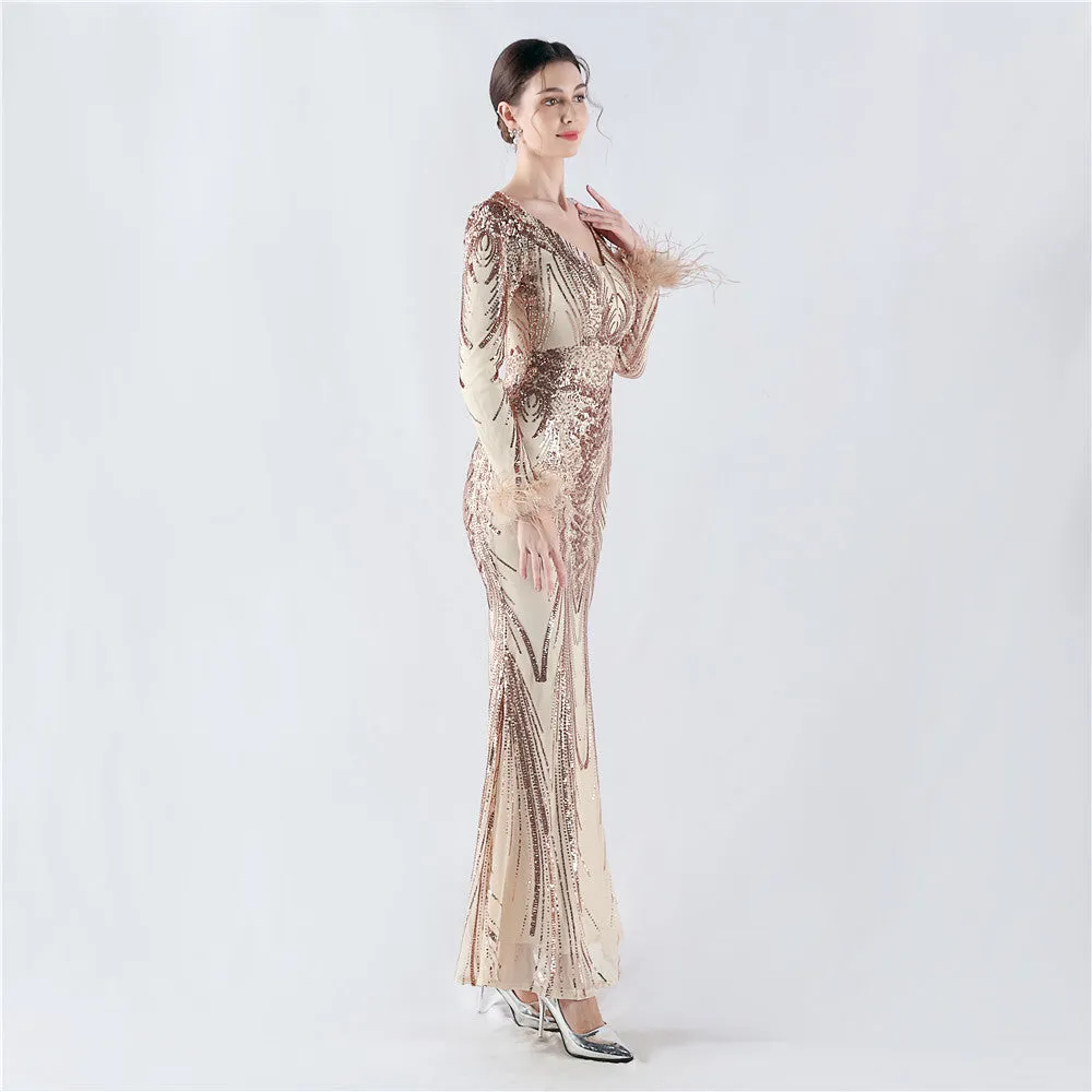 Exquisite V-Neck Sequin Evening Gown with Feather Accents
