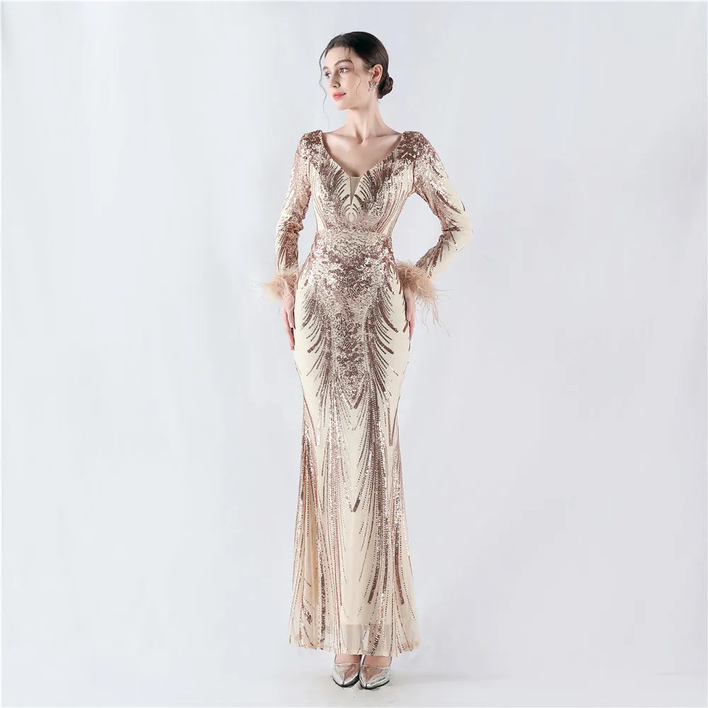 Exquisite V-Neck Sequin Evening Gown with Feather Accents