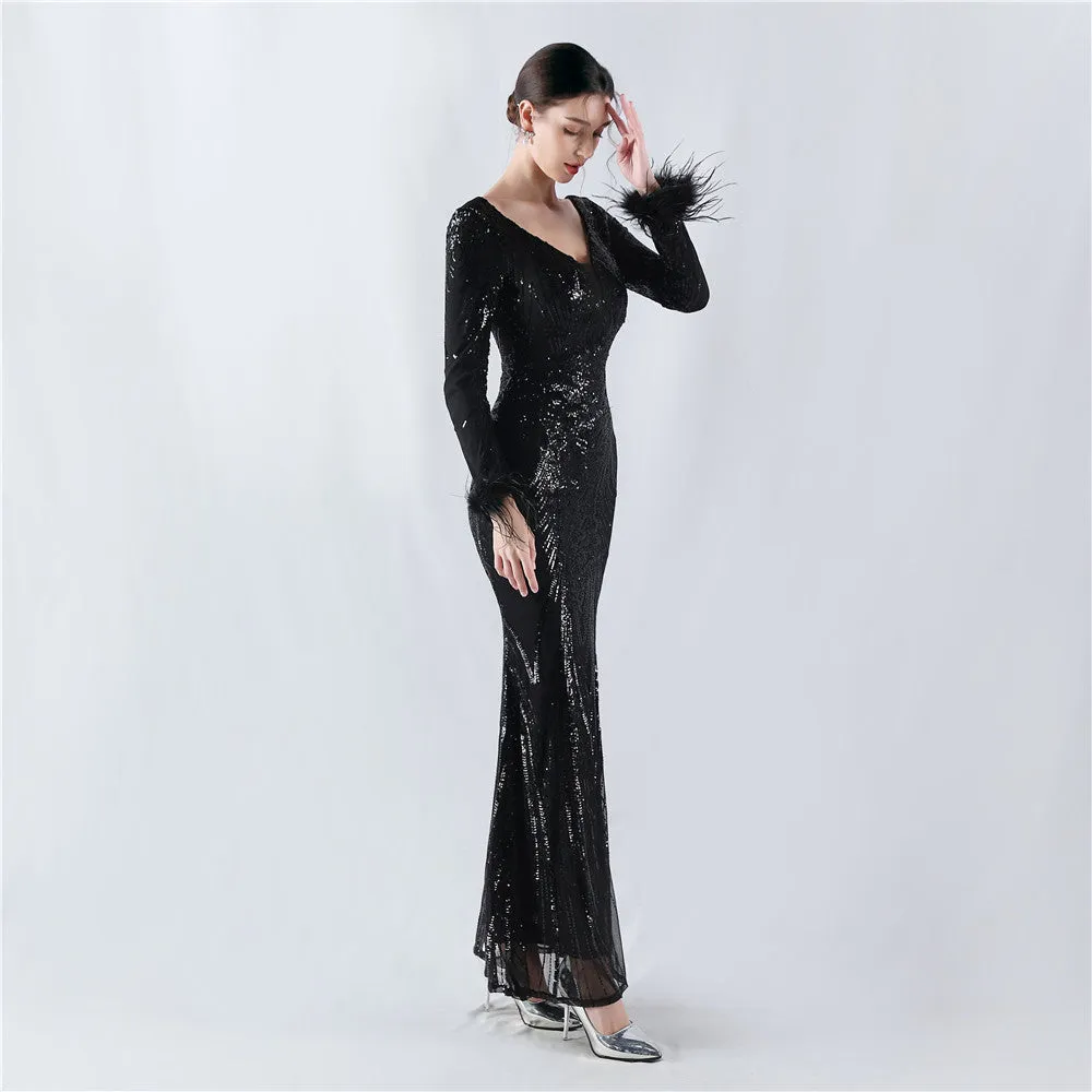Exquisite V-Neck Sequin Evening Gown with Feather Accents