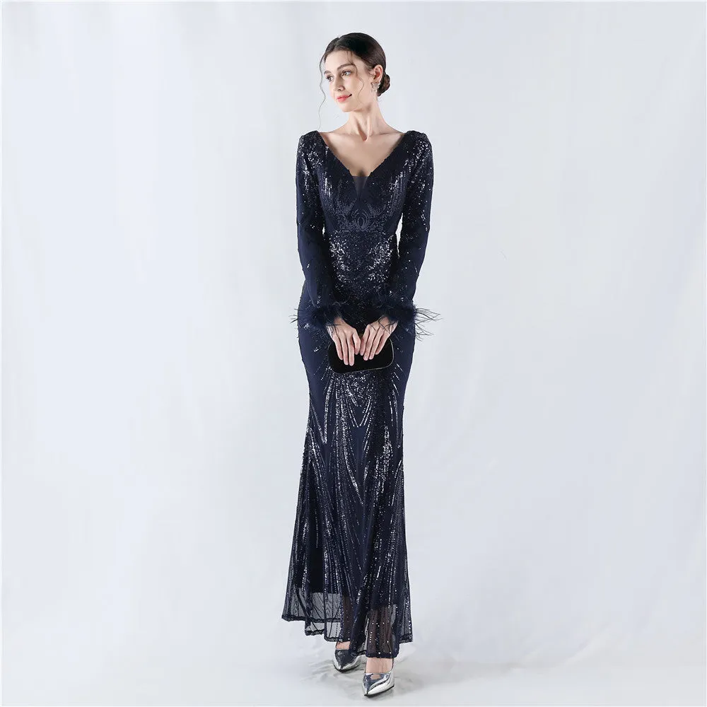 Exquisite V-Neck Sequin Evening Gown with Feather Accents