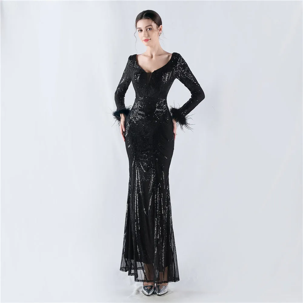Exquisite V-Neck Sequin Evening Gown with Feather Accents