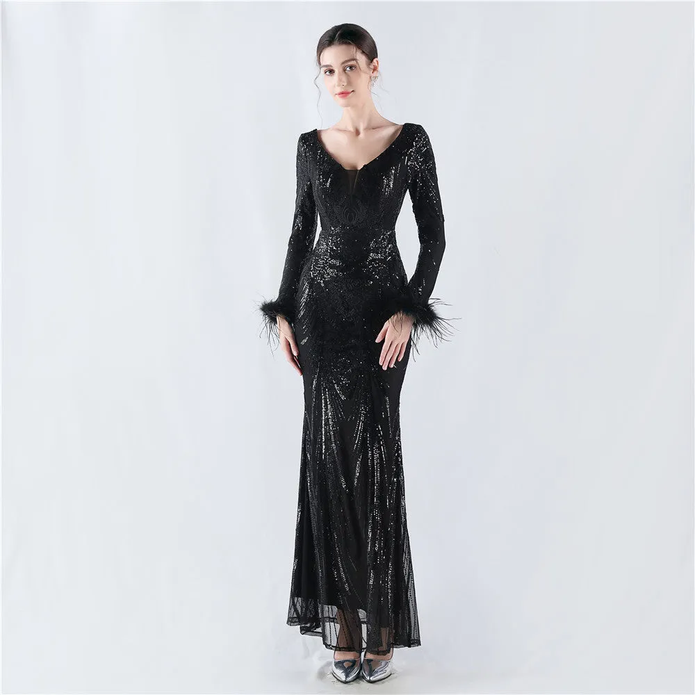 Exquisite V-Neck Sequin Evening Gown with Feather Accents
