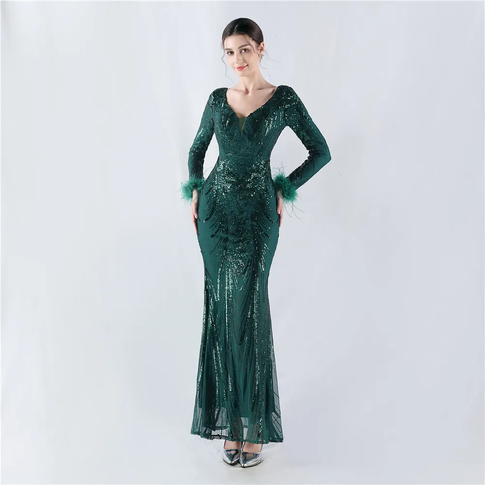 Exquisite V-Neck Sequin Evening Gown with Feather Accents