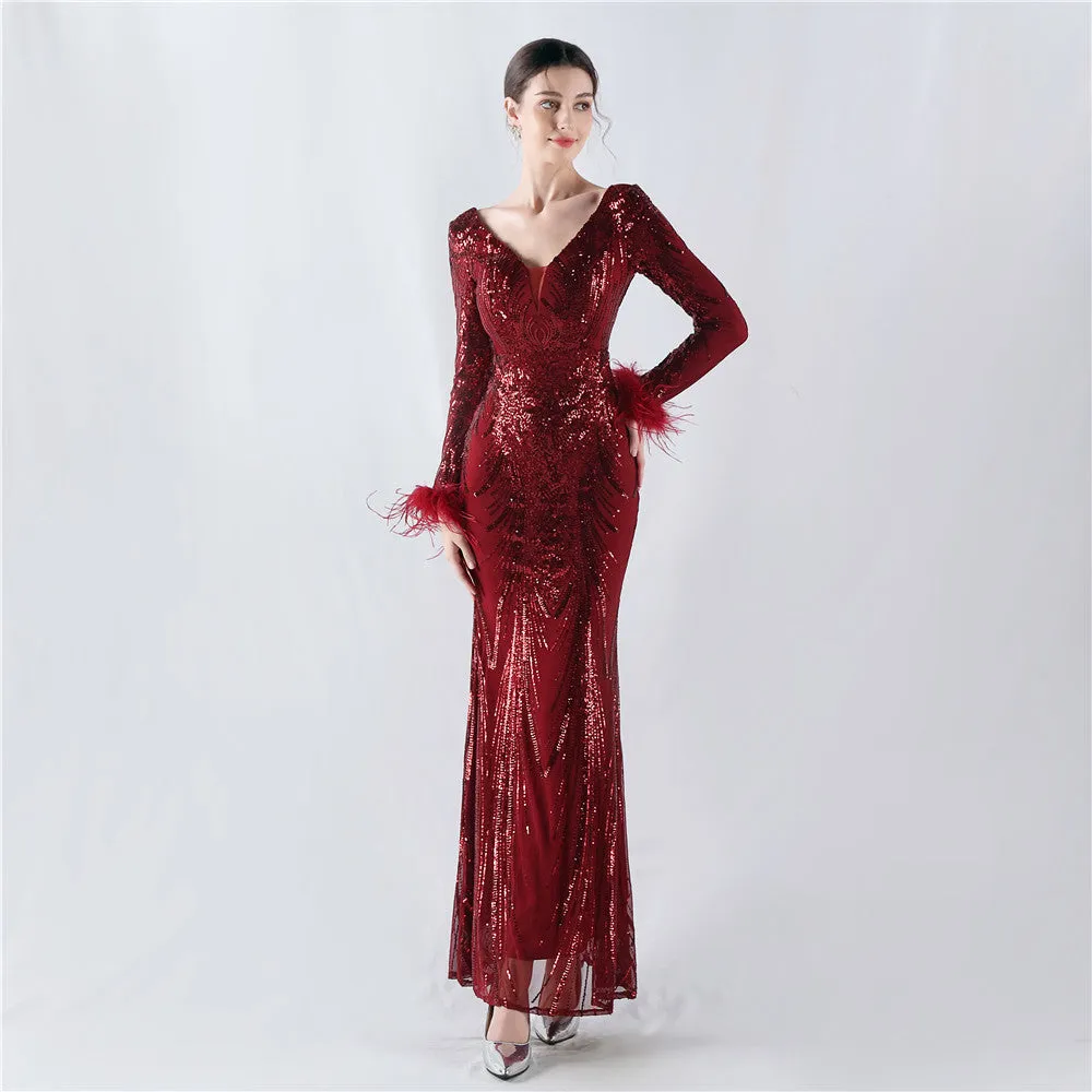Exquisite V-Neck Sequin Evening Gown with Feather Accents