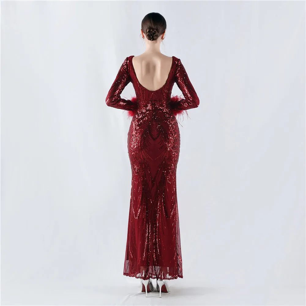 Exquisite V-Neck Sequin Evening Gown with Feather Accents