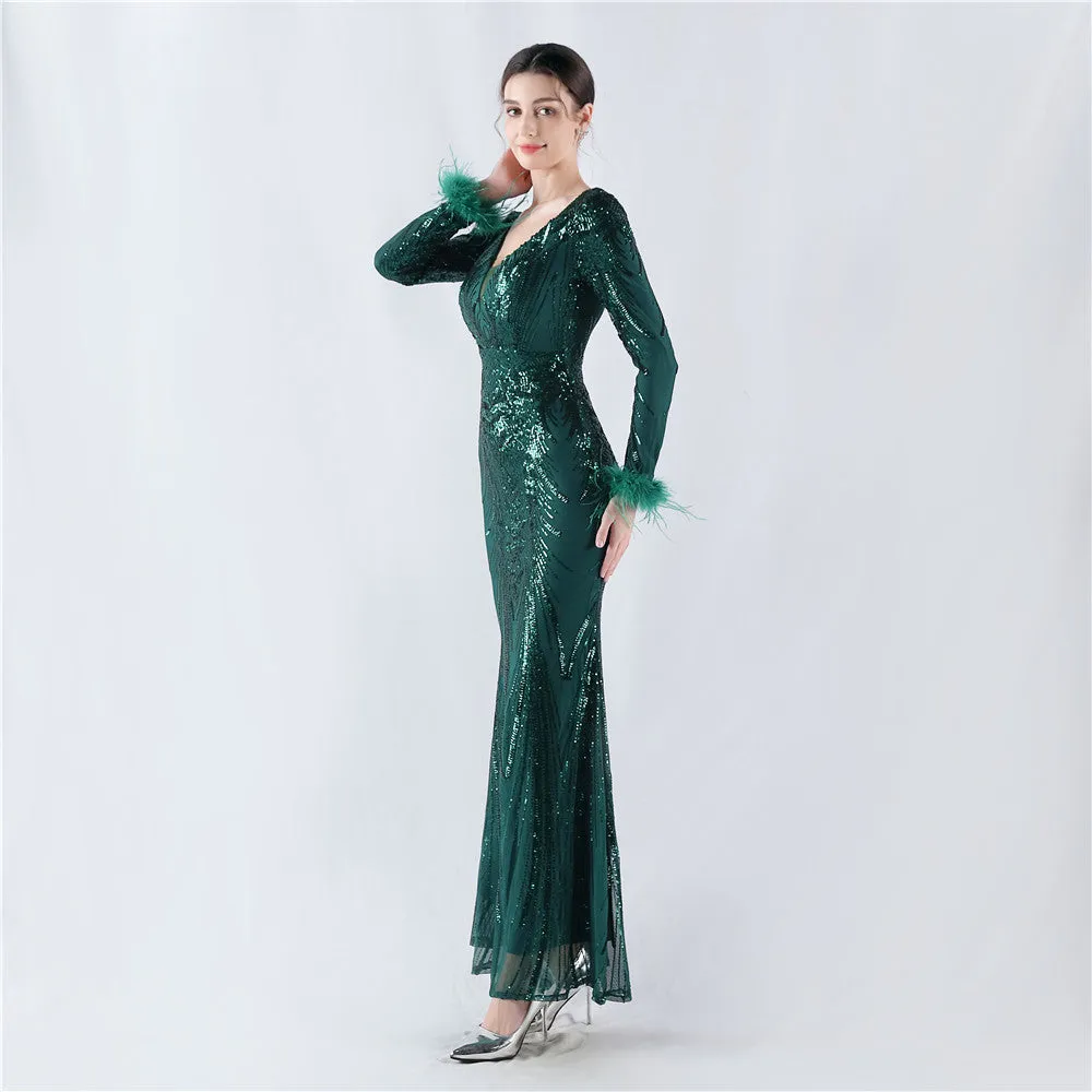 Exquisite V-Neck Sequin Evening Gown with Feather Accents