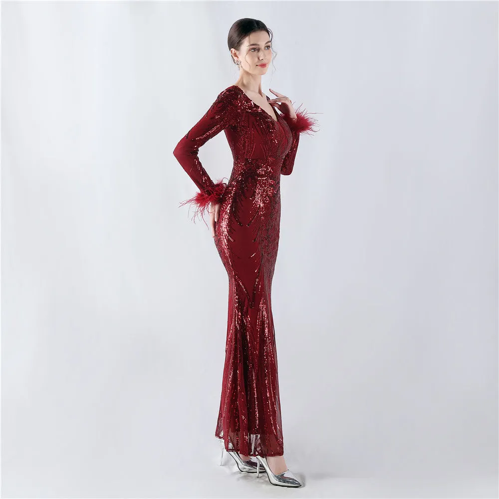 Exquisite V-Neck Sequin Evening Gown with Feather Accents