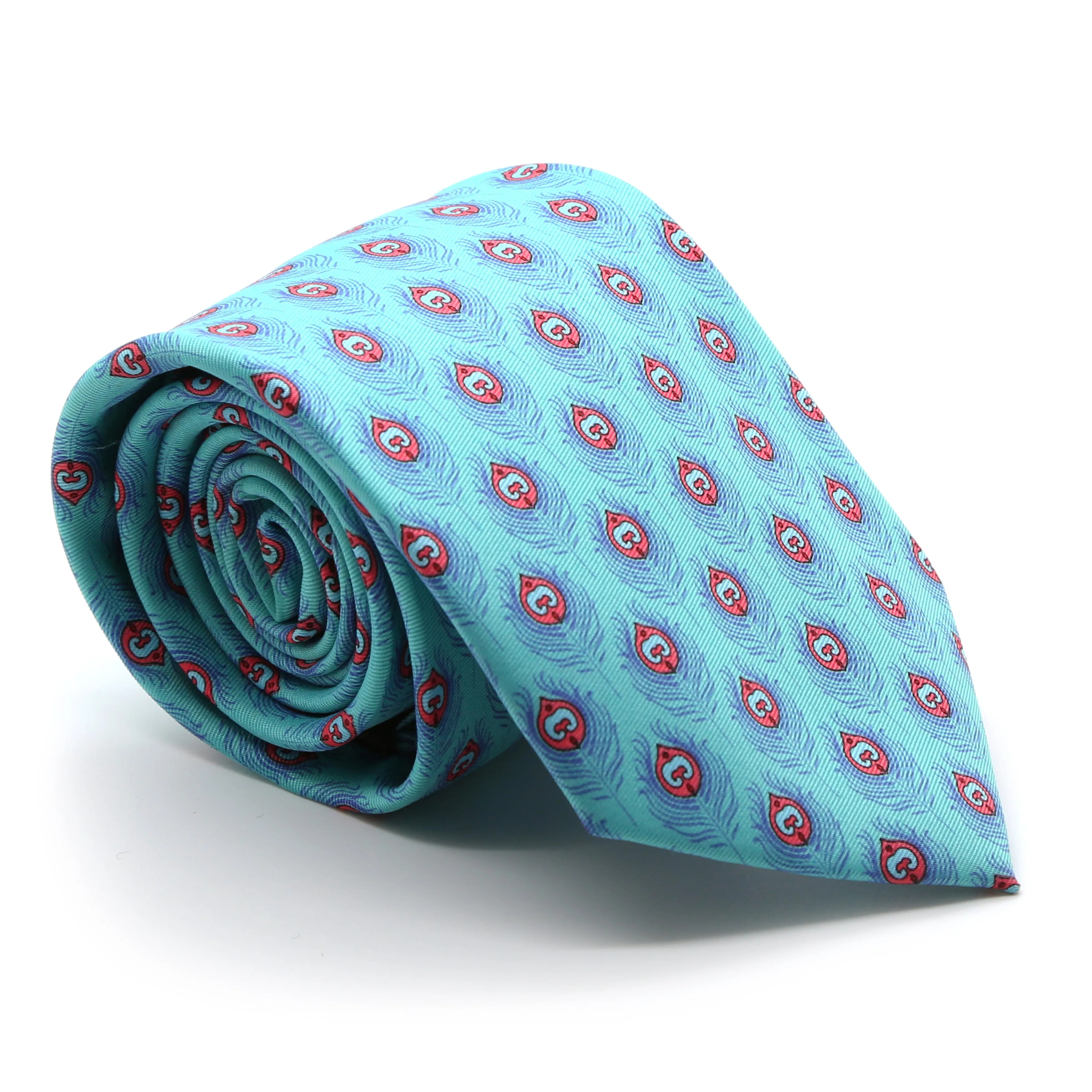 Feather Teal Necktie with Handkerchief Set