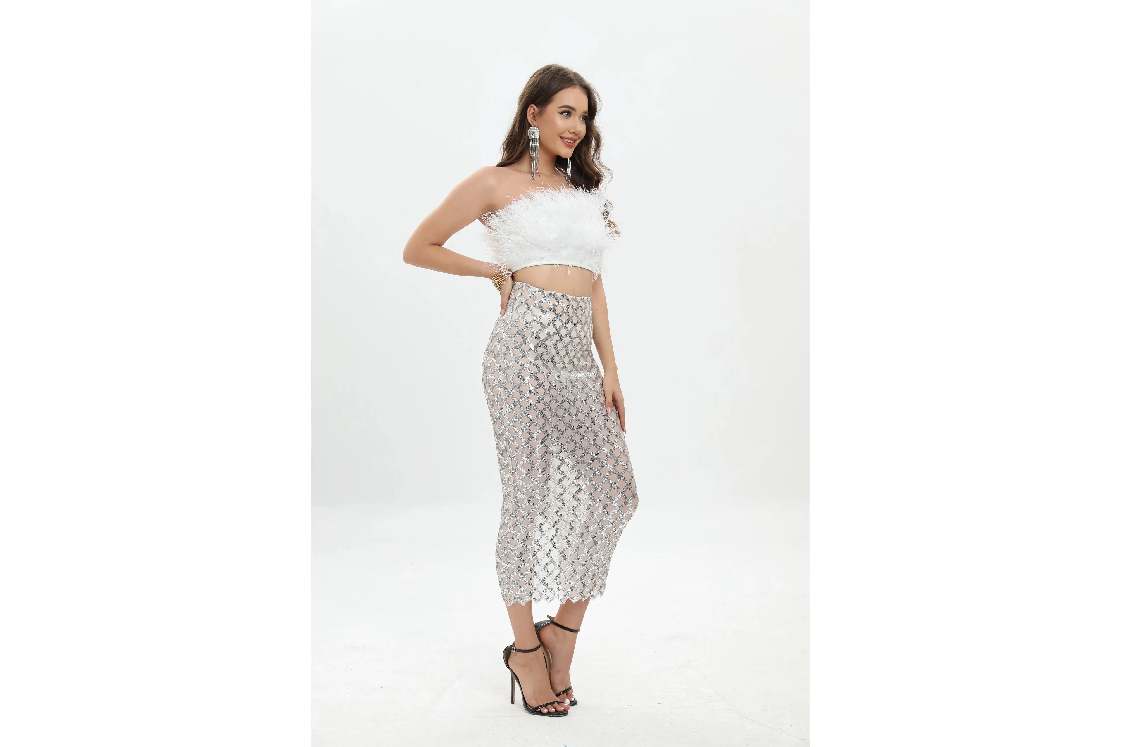 FEATHER TOP/ SEQUIN MESH SKIRT SET