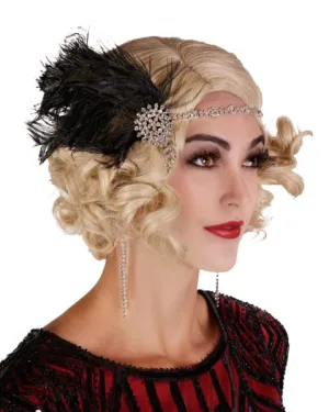 Flapper Rhinestone Headband with Feather - Black/Silver