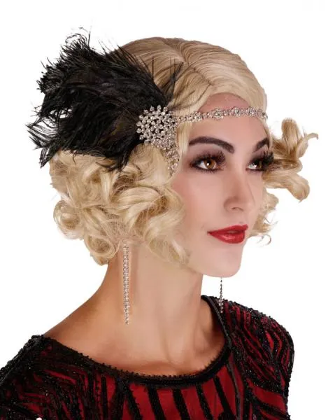 Flapper Rhinestone Headband with Feather - Black/Silver
