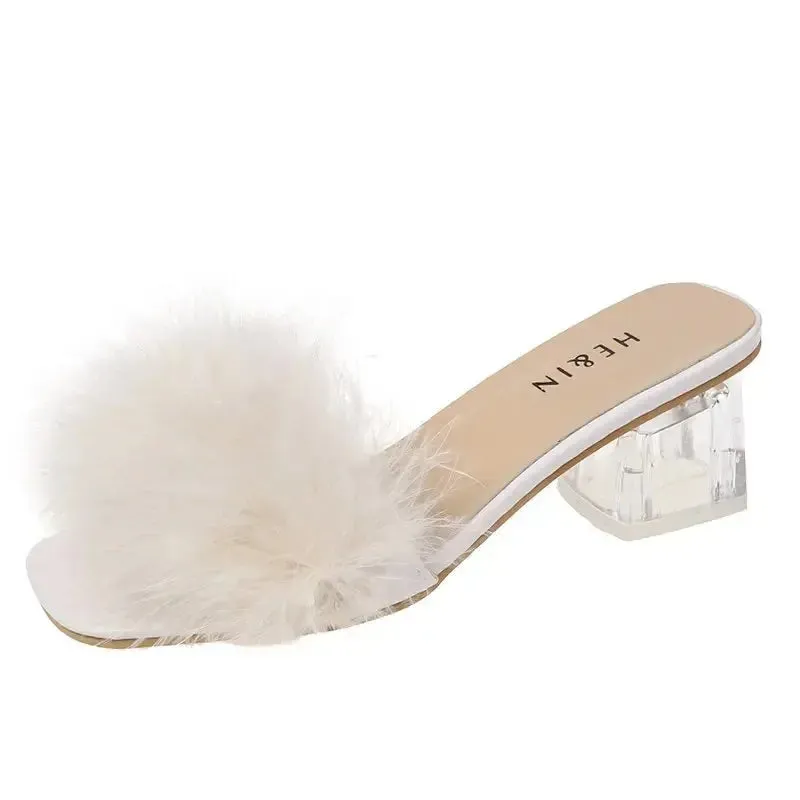 Fluffy Peep Toe Sexy High Heels Women Shoes Fur Feather Lady Fashion Wedding Slip-On Square Toe Women Sandals