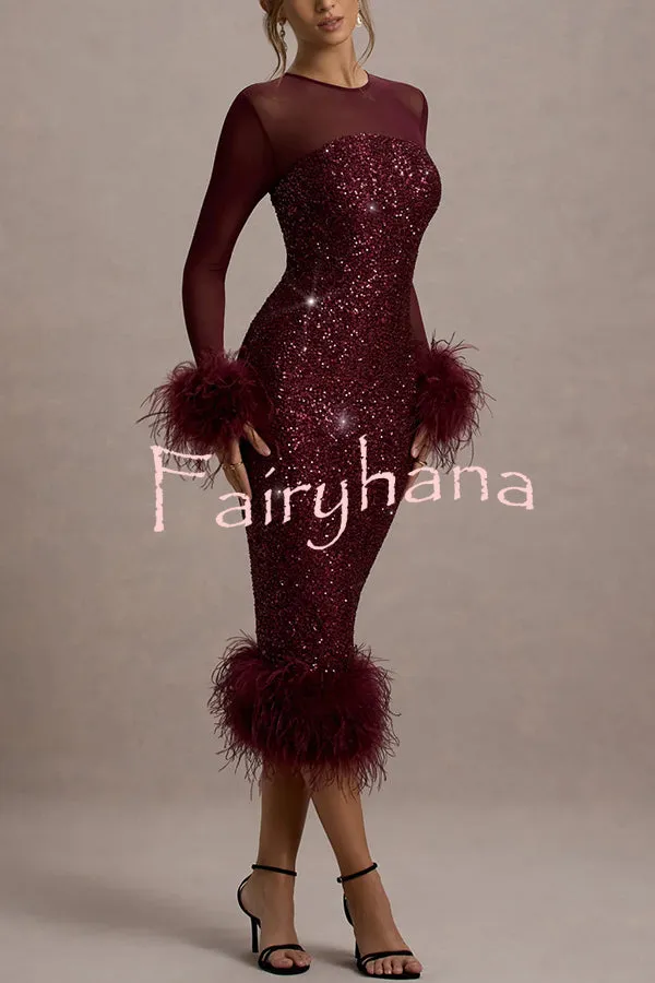 Glamor and Drama Mesh Sequin Patchwork Feather Trim Stretch Midi Dress