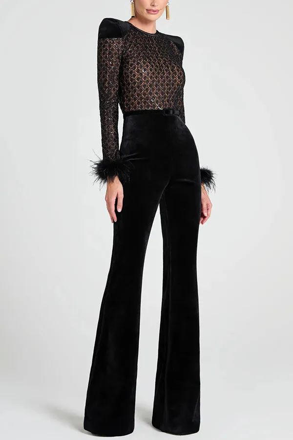 Glamorous Sheer Patchwork Gold Velvet Long-Sleeve Flared Jumpsuit
