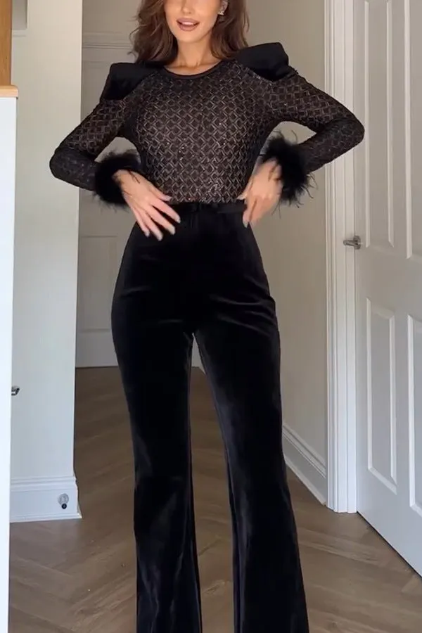 Glamorous Sheer Patchwork Gold Velvet Long-Sleeve Flared Jumpsuit