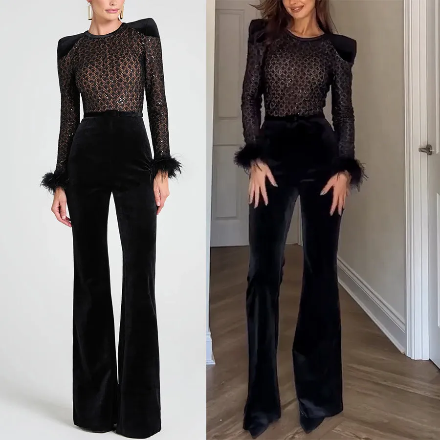 Glamorous Sheer Patchwork Gold Velvet Long-Sleeve Flared Jumpsuit