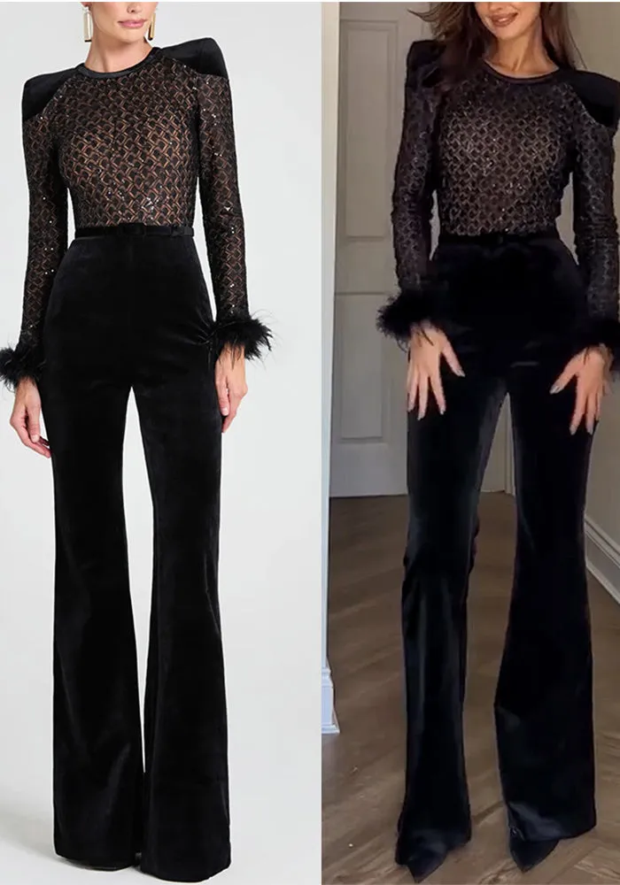 Glamorous Sheer Patchwork Gold Velvet Long-Sleeve Flared Jumpsuit