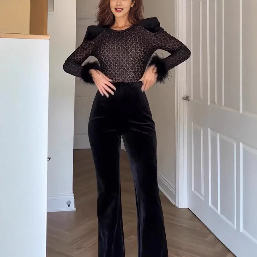 Glamorous Sheer Patchwork Gold Velvet Long-Sleeve Flared Jumpsuit
