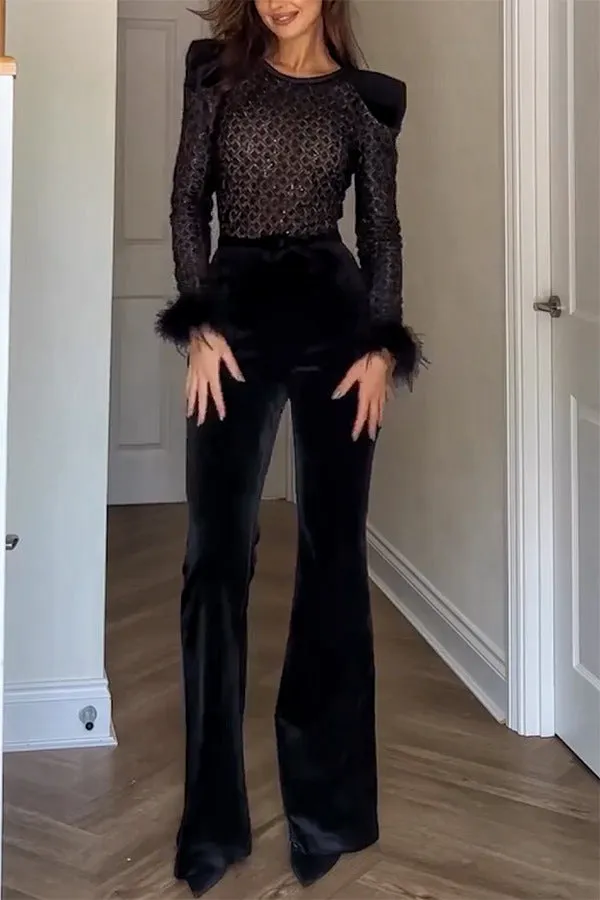 Glamorous Sheer Patchwork Gold Velvet Long-Sleeve Flared Jumpsuit