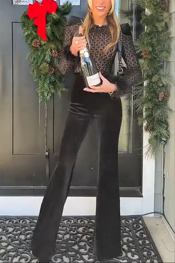 Glamorous Sheer Patchwork Gold Velvet Long-Sleeve Flared Jumpsuit