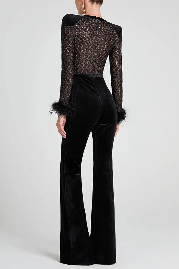 Glamorous Sheer Patchwork Gold Velvet Long-Sleeve Flared Jumpsuit
