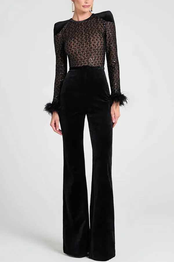 Glamorous Sheer Patchwork Gold Velvet Long-Sleeve Flared Jumpsuit