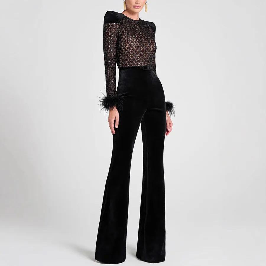 Glamorous Sheer Patchwork Gold Velvet Long-Sleeve Flared Jumpsuit