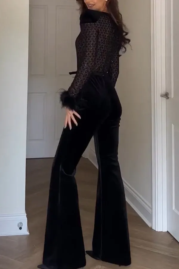 Glamorous Sheer Patchwork Gold Velvet Long-Sleeve Flared Jumpsuit