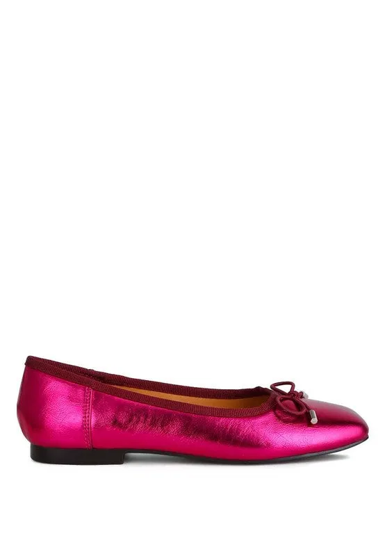Glinda Metallic Bow Ballerinas – Crinkled Vegan Leather, Flat Shoes, Cushioned Comfort