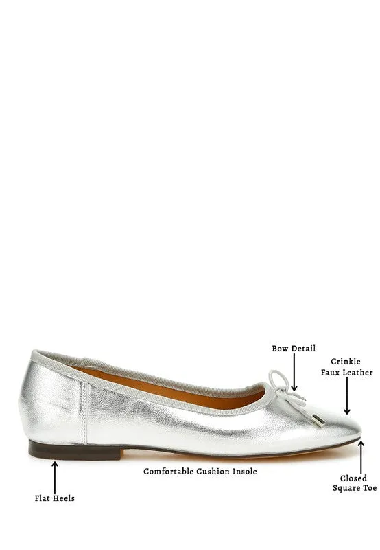 Glinda Metallic Bow Ballerinas – Crinkled Vegan Leather, Flat Shoes, Cushioned Comfort