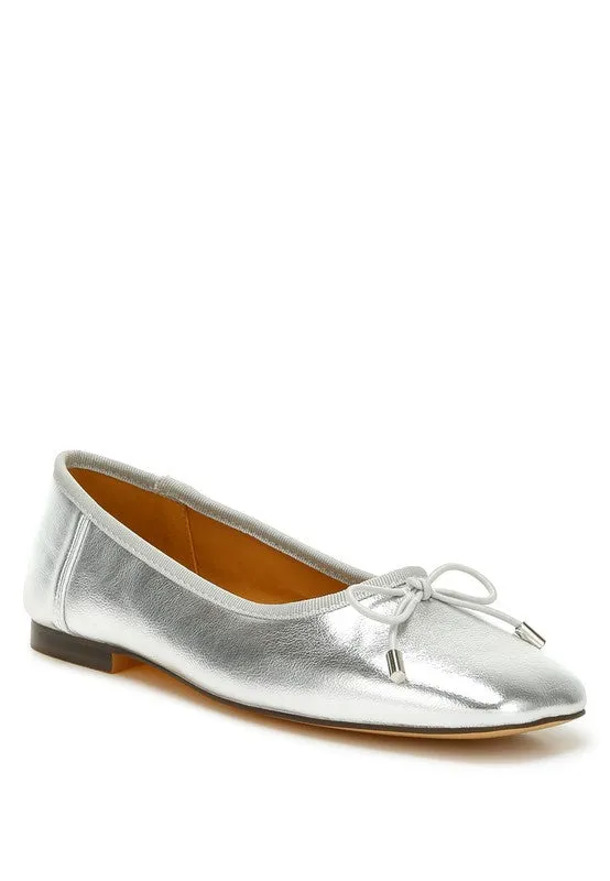 Glinda Metallic Bow Ballerinas – Crinkled Vegan Leather, Flat Shoes, Cushioned Comfort