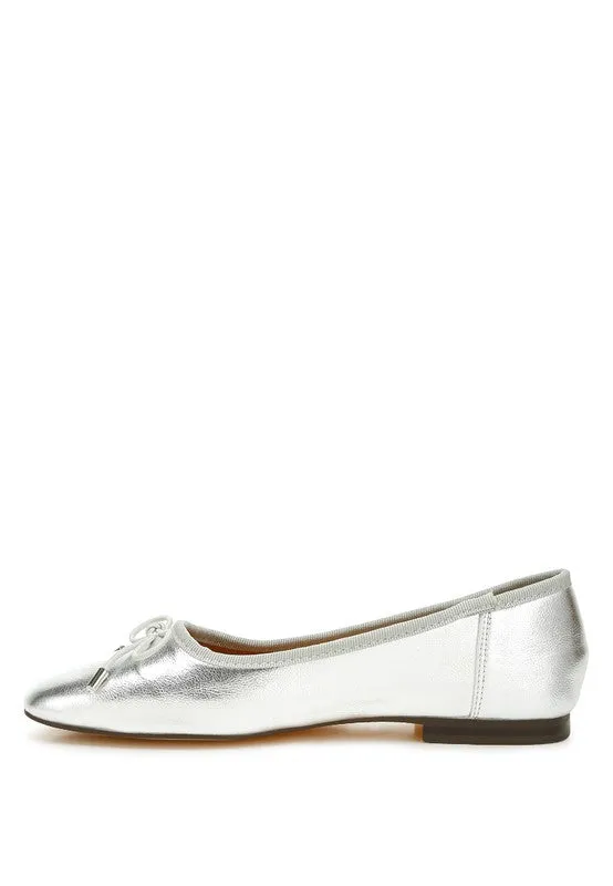 Glinda Metallic Bow Ballerinas – Crinkled Vegan Leather, Flat Shoes, Cushioned Comfort