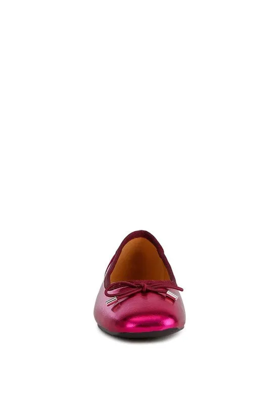 Glinda Metallic Bow Ballerinas – Crinkled Vegan Leather, Flat Shoes, Cushioned Comfort