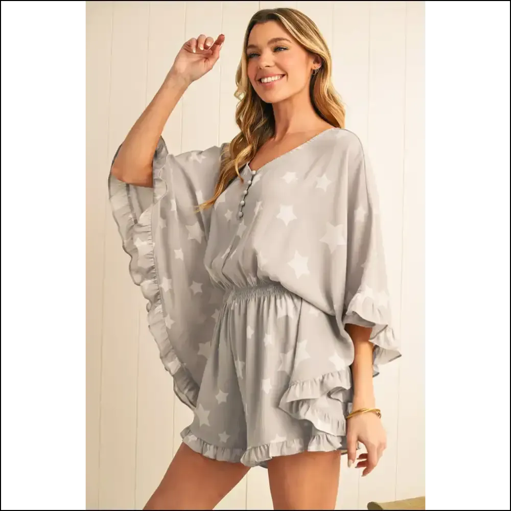 Gray Star Print Ruffle Hem Romper: Dress Like a Star,  ✨ Needful Things