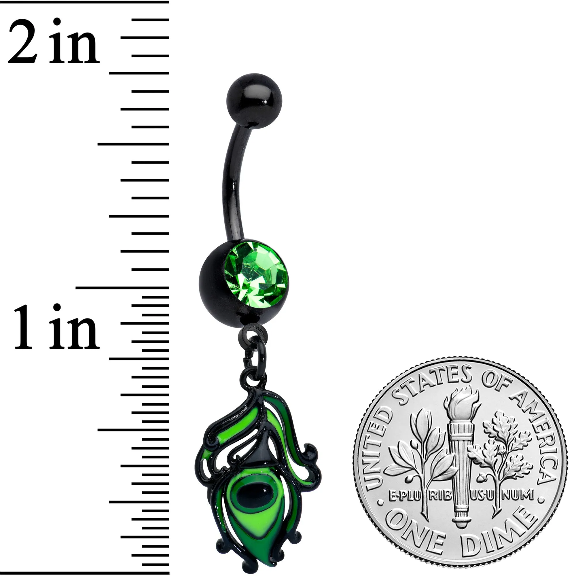 Green Gem Black Striking Peacock Feather Dangle Belly Ring