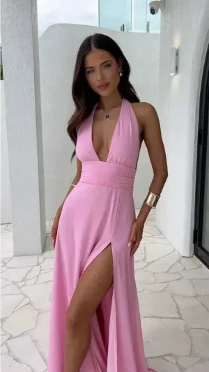 Halter Neck Maxi Dress | Elegant & Flowy | High-Slit Evening Gown