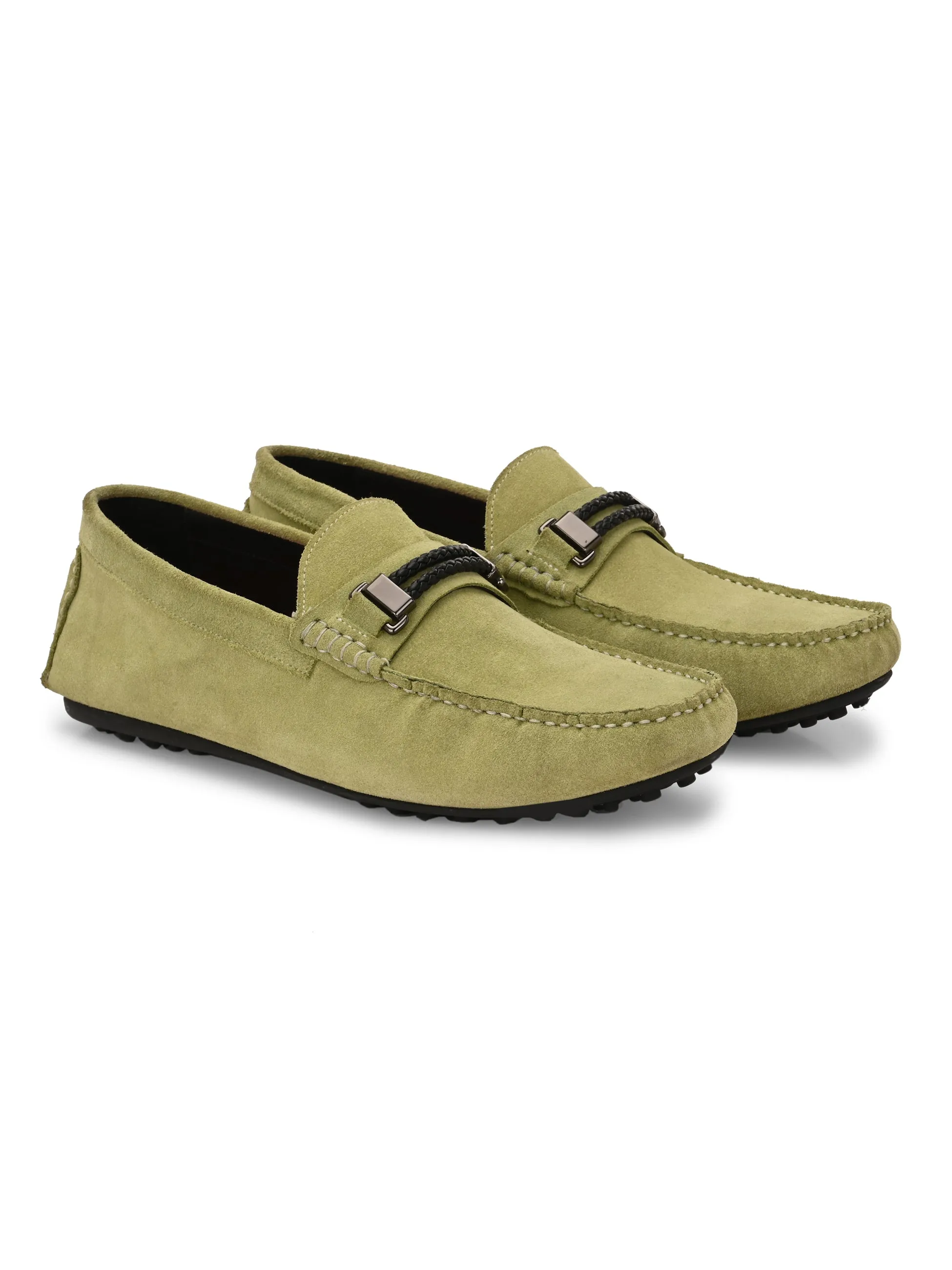 Hitz Men's Green Leather Casual Loafers