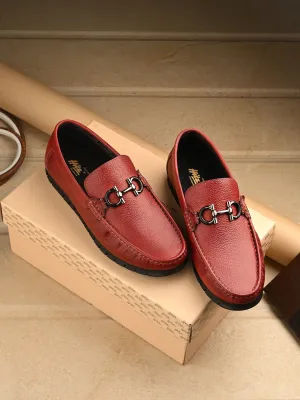 Hitz Men's Red Leather Casual Loafers
