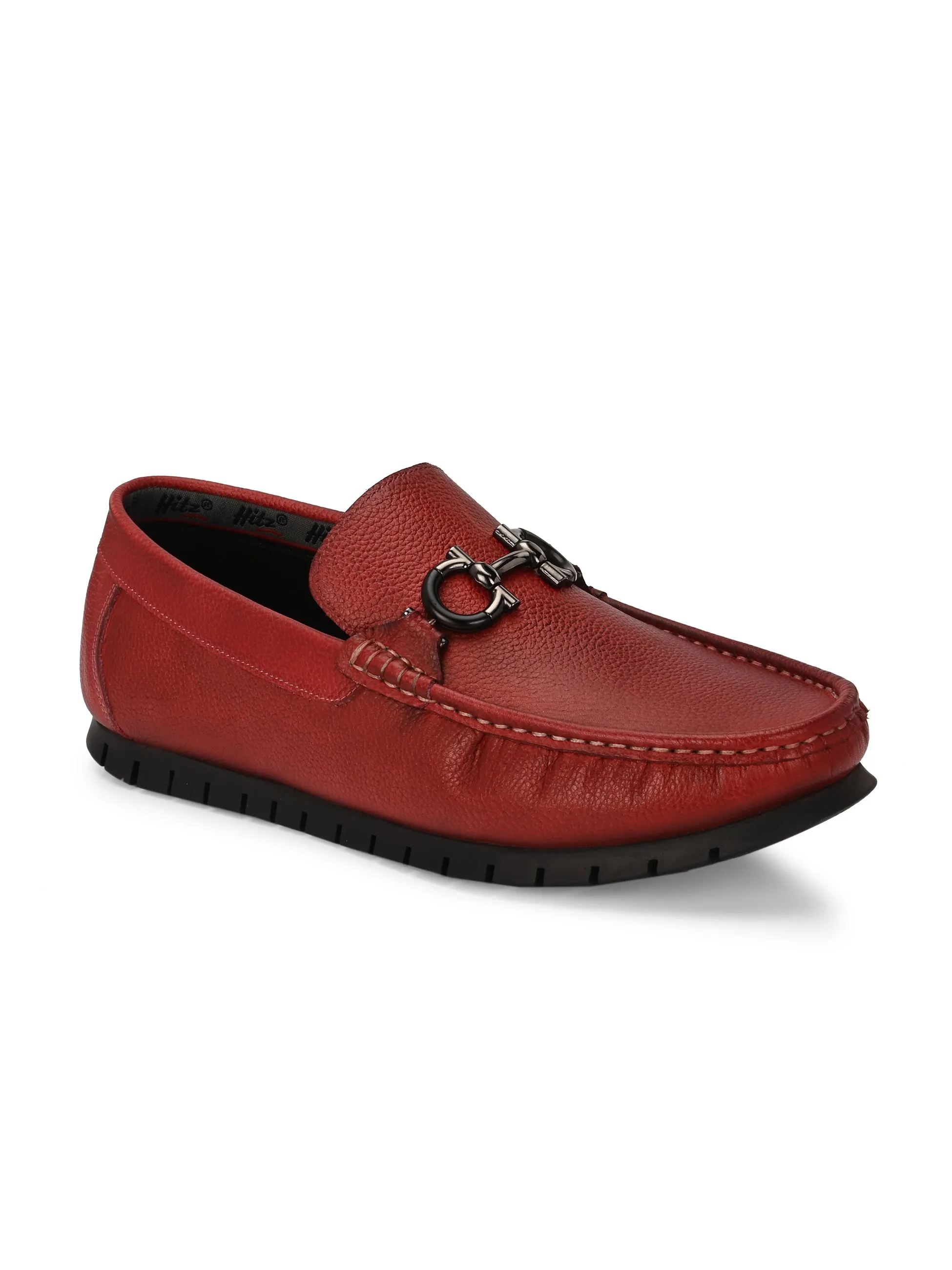Hitz Men's Red Leather Casual Loafers